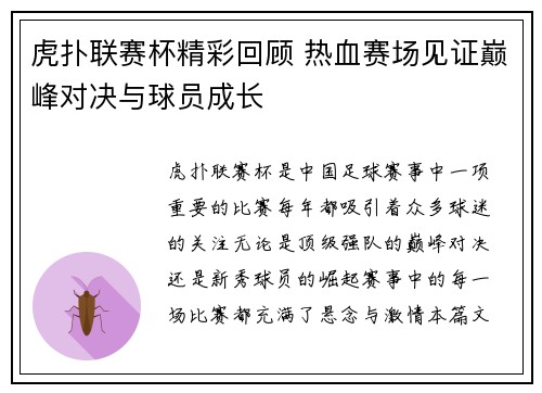 虎扑联赛杯精彩回顾 热血赛场见证巅峰对决与球员成长